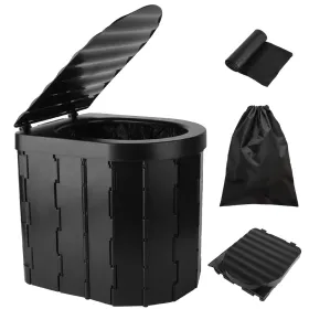 Foldable Emergency Toilet Portable Porta Potty For Car Travel Camping Boating Hiking Cleanable Travel Commode With Lid Carry Bag 1 Roll Garbage B (Option: Toilet)