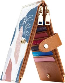 RFID Wallet Women Large Size Bifold Multi Card Wallet Case with Zipper Pocke Credit Card Holder for Women (Color: Brown Desert Leaf)