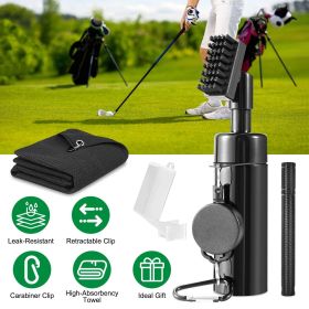 3 In 1 Golf Club Cleaning Kit Golf Club Cleaner Brush with 5Oz Water Bottle Retractable Clip Groove Sharpener Golf Towel Gift for Golfers (Color: Black)
